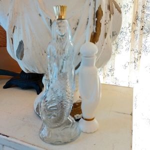 Vintage mermaid glass bottle, two Avon bottles, hand shaped milk glass